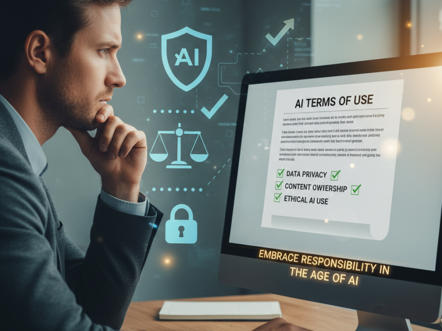 A person reviewing AI tools for creatives, with legal symbols emphasizing responsible digital storytelling.