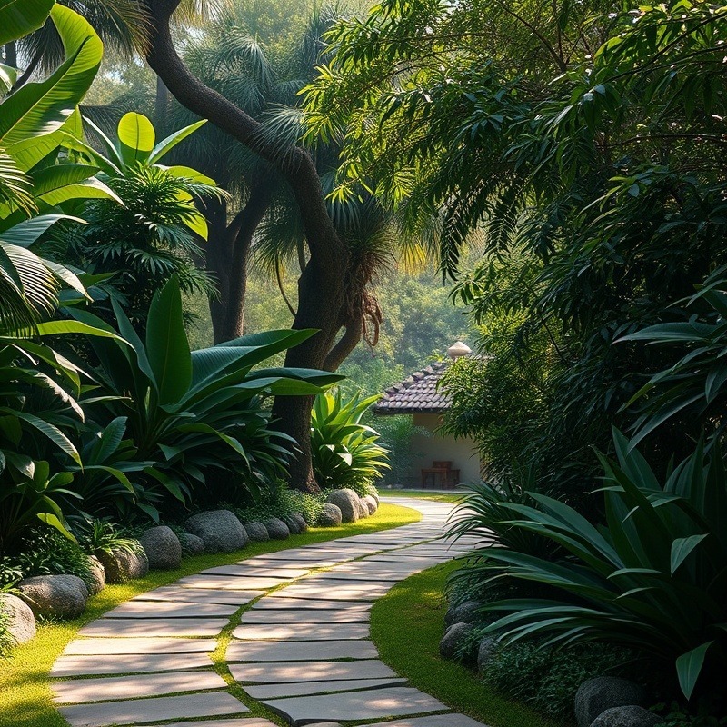 lush day spa environment, peaceful atmosphere, gentle winding pathway,