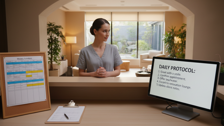 Serene spa workstation with organized clipboard and color-coded schedule.