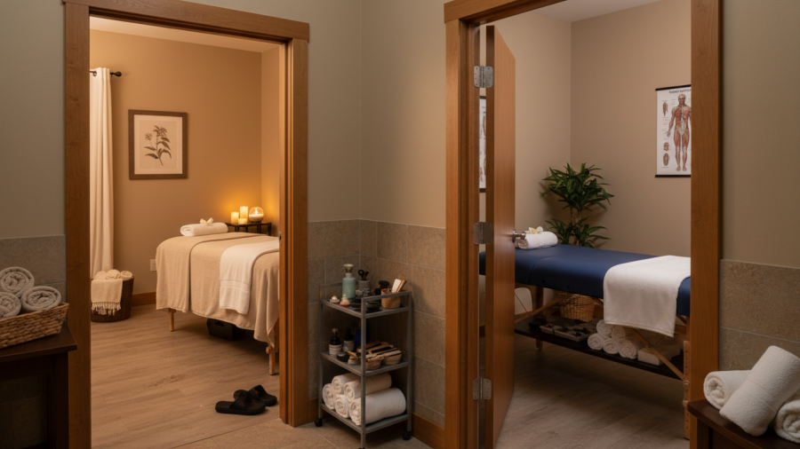 Compare lighter relaxation massages vs. deeper therapeutic bodywork in a serene spa atmosphere.