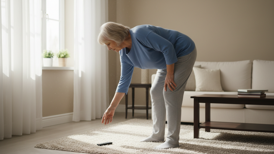 Older adult bending down in living room, showing improper back movement.