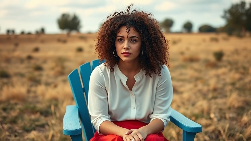 Likeness of Miranda Rae Mayo sitting outdoors on a blue chair in a field.