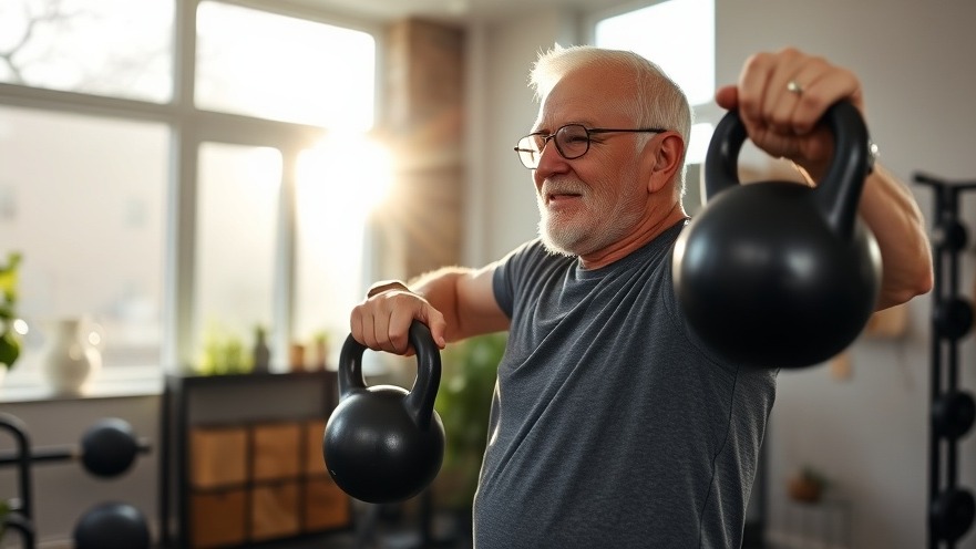 Older man lifting kettlebells in a home gym, embracing a longevity lifestyle.