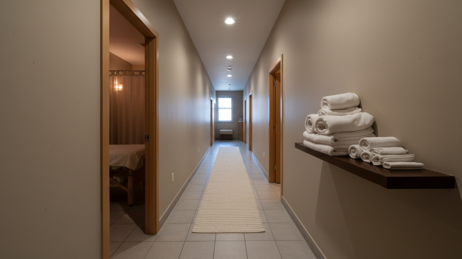 Spa hallway showcasing professional massage therapy standards in Keizer, Oregon.