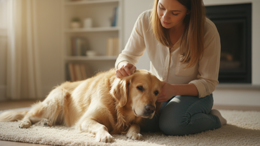 Pet owner checks for signs of a healthy dog and overall pet health.