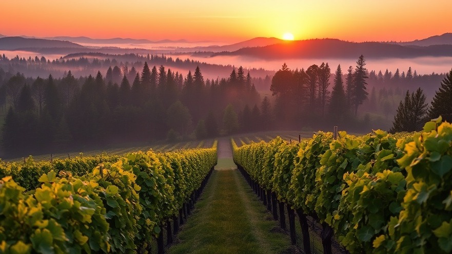 Photorealistic sunset over a lush vineyard with green grapevines and misty hills.