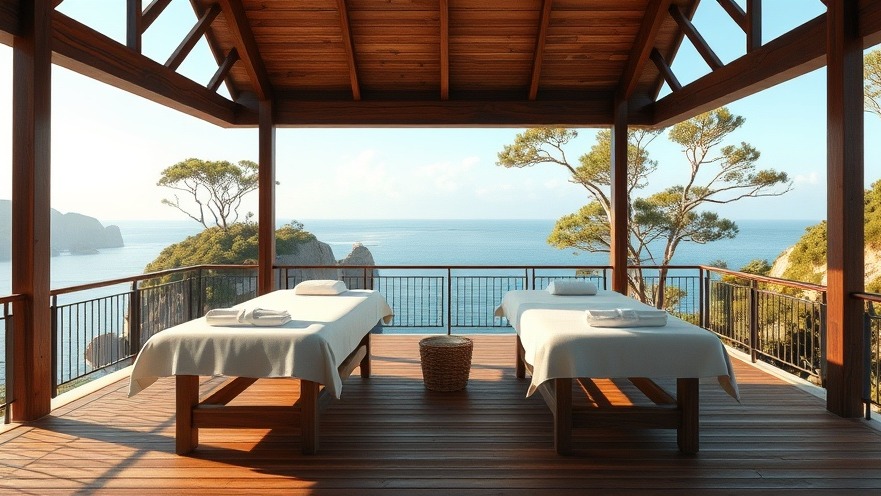 Photorealistic serene outdoor spa with coastal view, massage tables, and lush greenery.