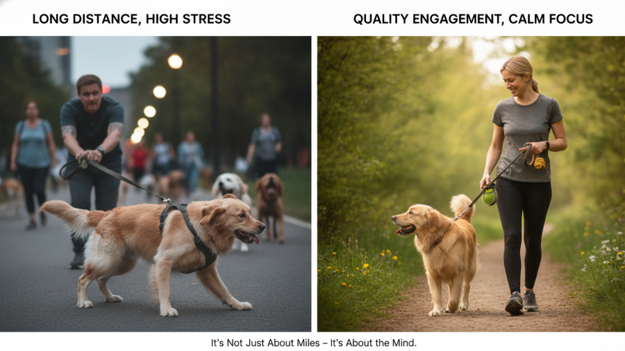 Understanding why dogs struggle on walks despite longer distances.