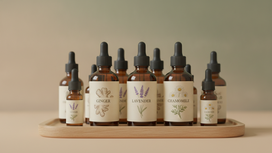 Collection of essential oils for sore muscles, featuring ginger, lavender, and chamomile.