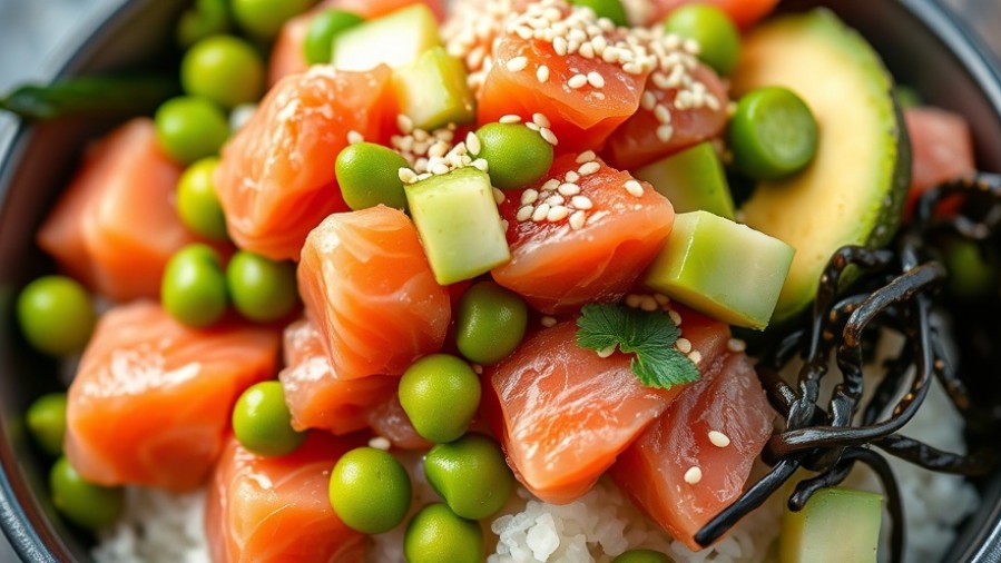 Fresh poke bowl with cubed ahi tuna, avocado, and seaweed salad.
