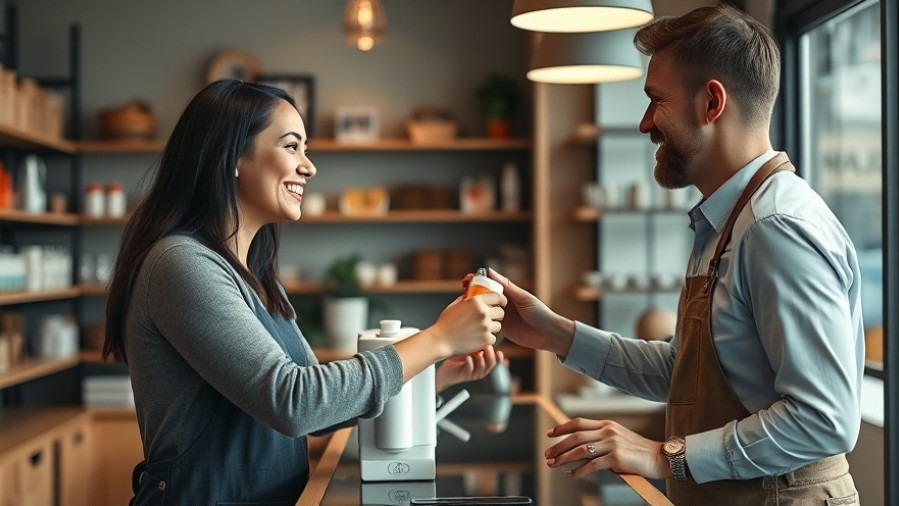 A shop owner connects with a customer, showcasing strong social media engagement in warm lighting.