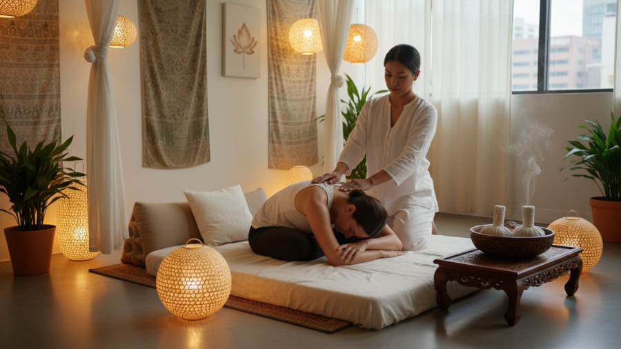 Peaceful Thai massage studio in Sacramento with warm lighting and gentle stretching.