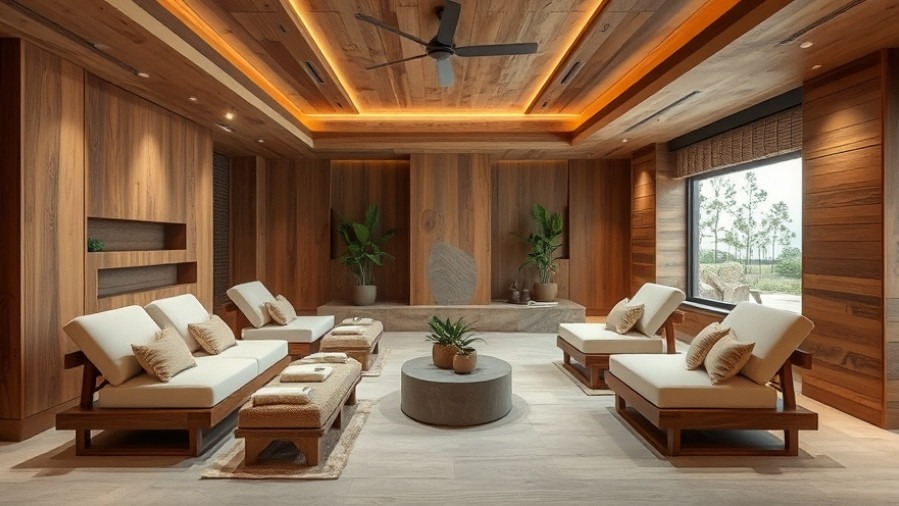 Serene spa lounge with natural wood and stone, plush seating, and lush greenery.