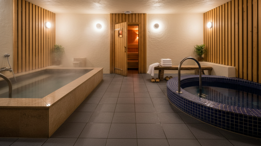 Explore a communal bathhouse spa layout highlighting hot and cold pools.