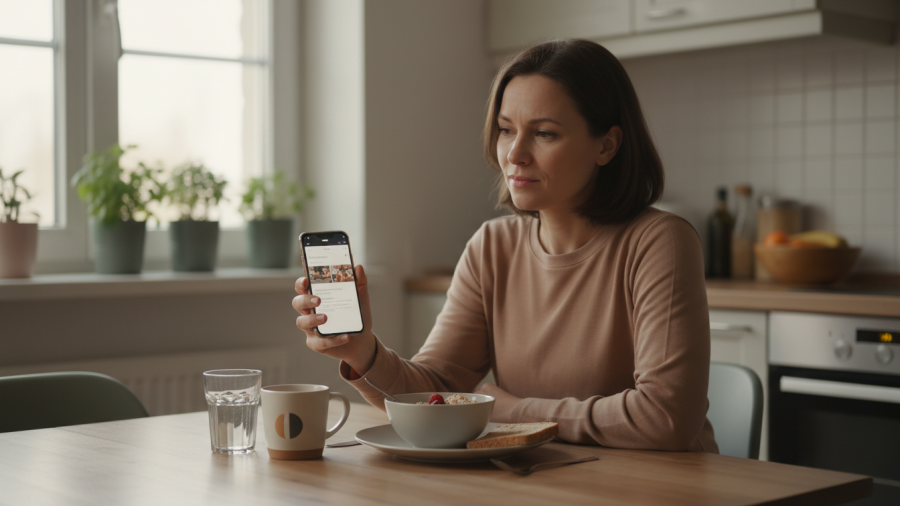 Person contemplating healthy eating choices at kitchen table in soft morning light.