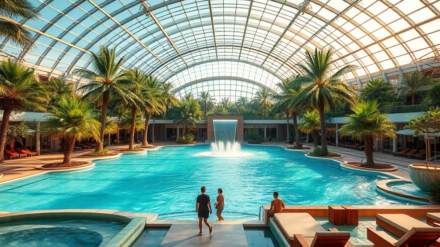 Therme Bucharest: grand glass domes, lush greenery, serene pools, and welcoming atmosphere.