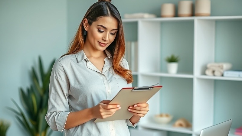 A confident individual stands in a well-organized workspace, holding a clipboard and reviewing notes with focus.