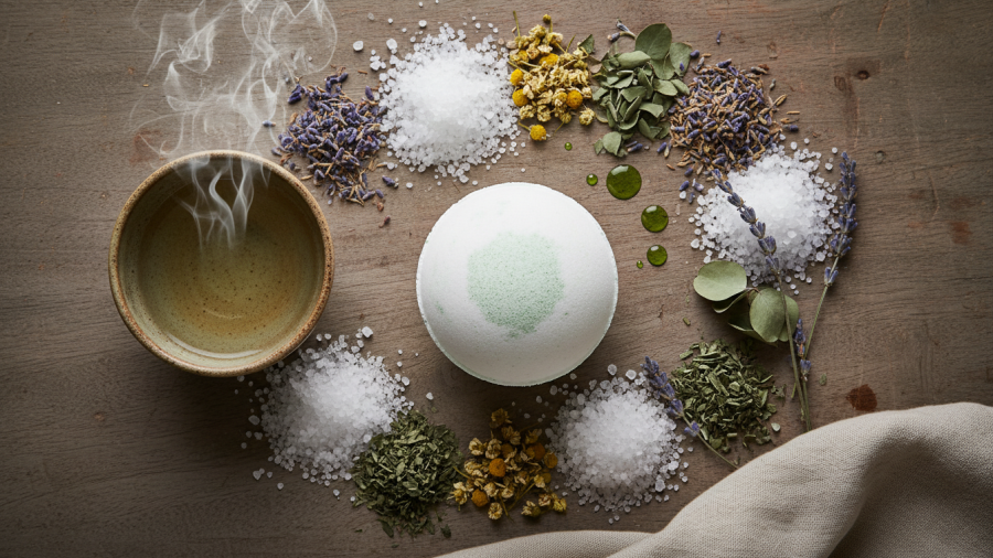 Artistic flat-lay of CBD bath bomb ingredients for relaxing pedicure.