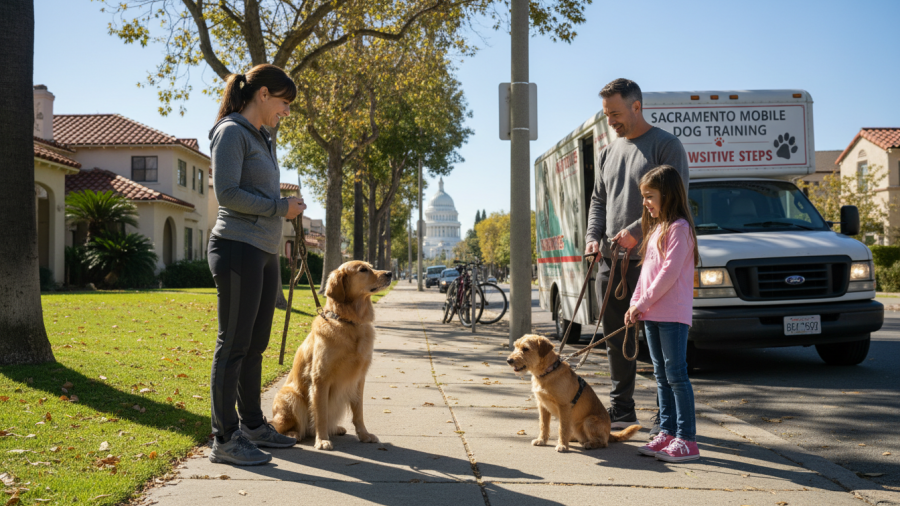 Sacramento mobile dog training on sidewalk with trainer and family.