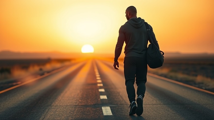 Dwayne Johnson walking a quiet road at sunrise, embodying The Strength to Keep Showing Up.