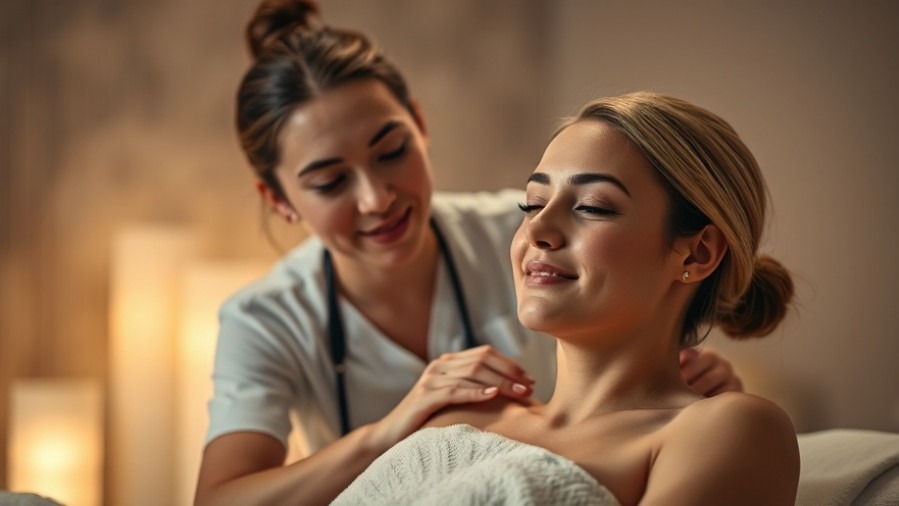 Aesthetic innovation in beauty industry collaboration shown through a spa practitioner supporting a glowing client.