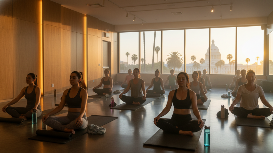 Diverse group in warm studio preparing for Sacramento heated yoga class.
