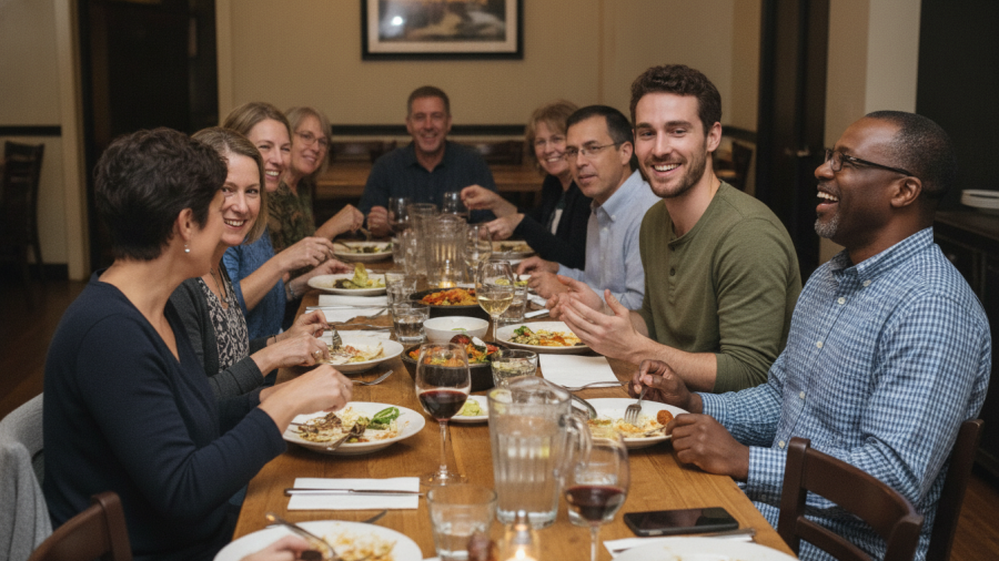 Adults enjoying a communal meal, showcasing sustainable living in Sacramento through connections.
