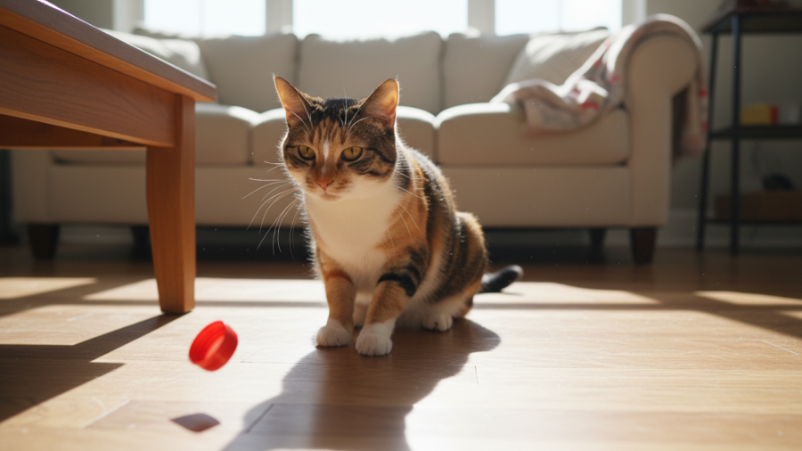 Curious cat watches an object fall, explaining why do cats knock things off shelves.