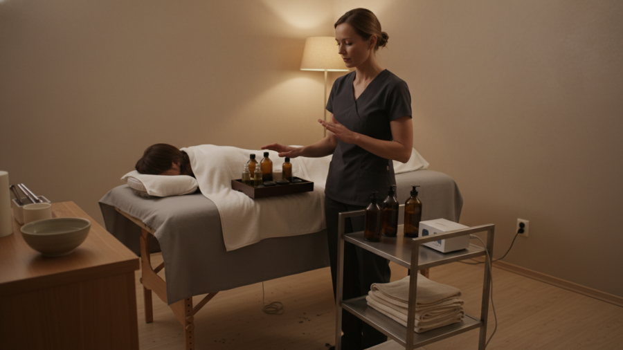 Spa therapist pauses in uncertainty, reflecting change management in the spa industry.