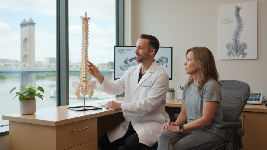 Chiropractor in Sacramento explains spinal decompression therapy for herniated discs.