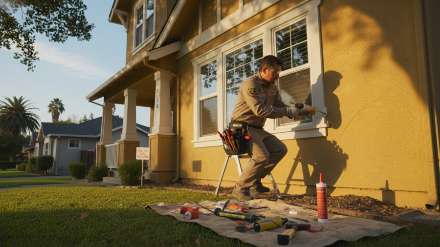 Pest control expert sealing cracks for pest proofing Sacramento home.