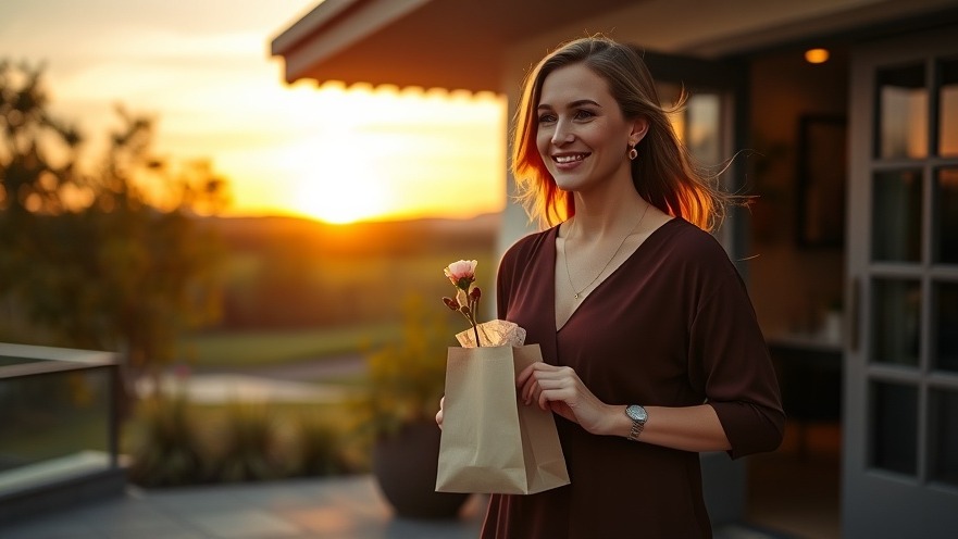 Relaxed guest leaving spa at sunset, holding gift bag and flower.