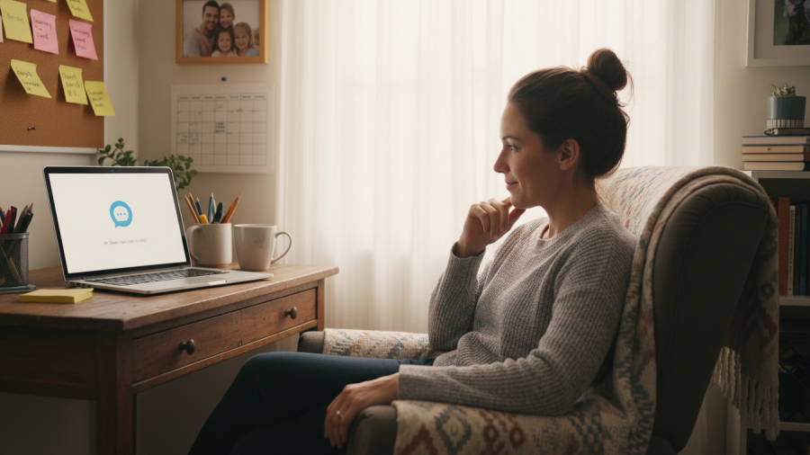 Small business owner embracing AI integration in a cozy office, balancing work and personal life.