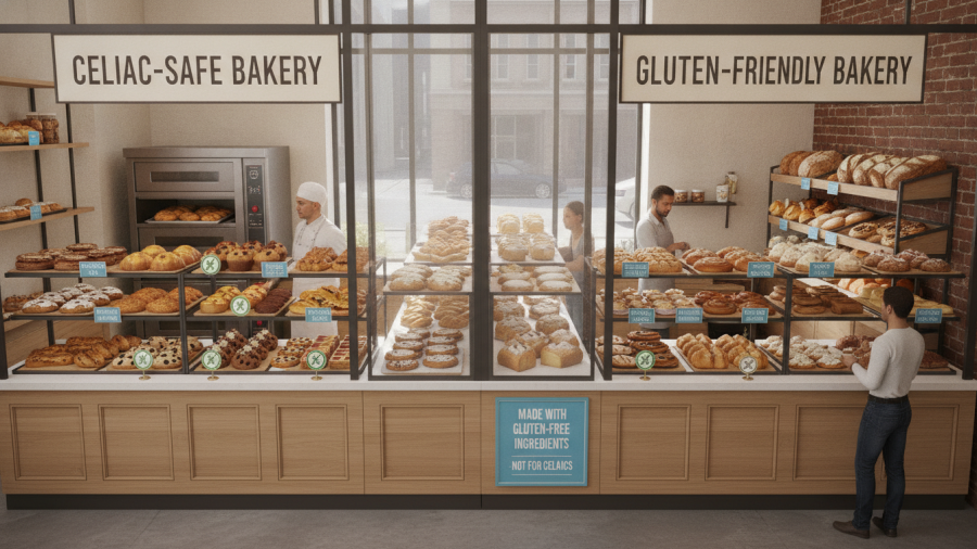 Celiac-safe vs gluten-friendly bakery with labeled gluten-free pastries.