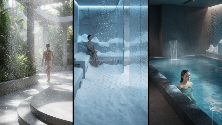 Explore accesible cooling experiences: misting corridor, snow room, and cold plunge pool.