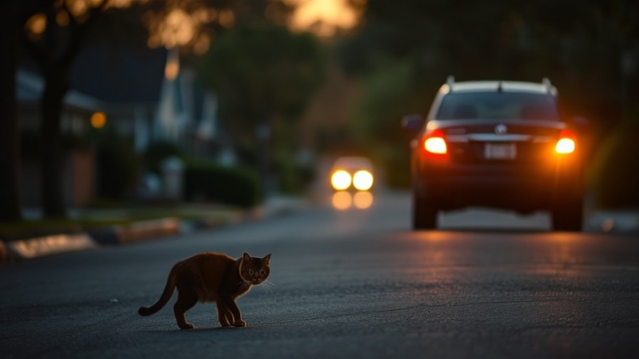 Cat silhouette on suburban street highlights outdoor cat safety and hidden hazards.