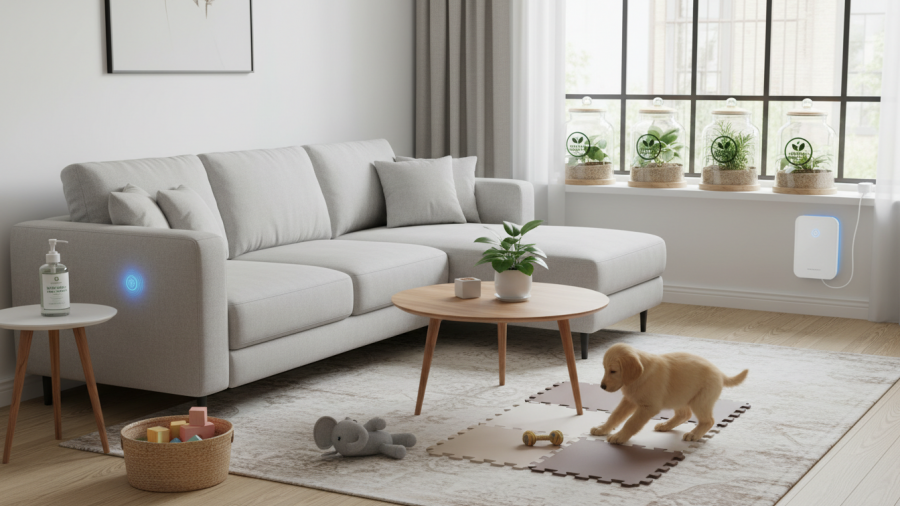 Safe pest control for kids and pets in a modern Sacramento family living room.