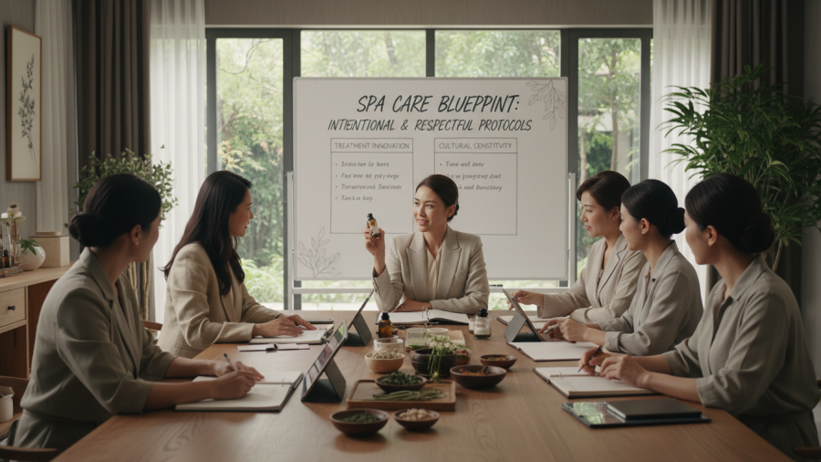 Spa leaders discuss combining cultural remedies with modern treatments in a serene setting.