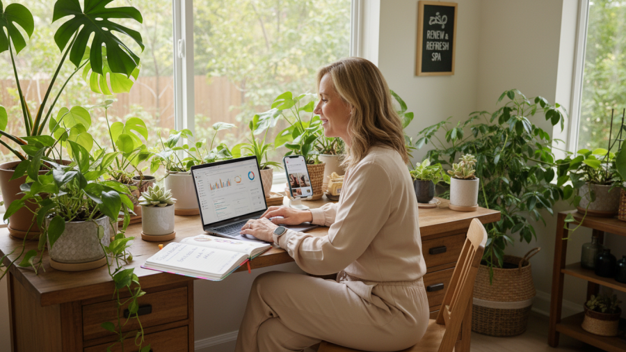 Spa owner enhancing online presence with laptop, smartphone, and planner in a lush home office.