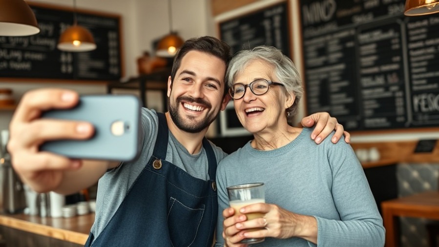 Café owner and customer selfie capturing community warmth for Instagram marketing strategies.