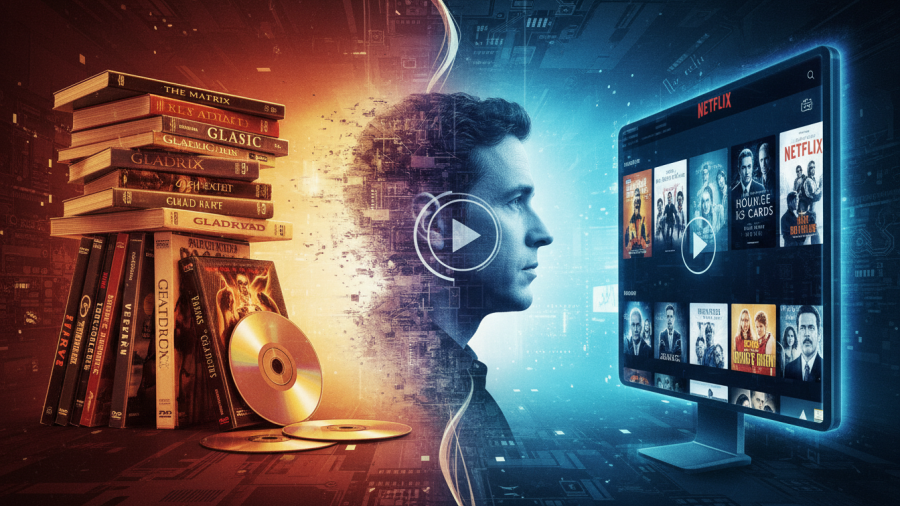 Digital collage illustrating the evolution of entertainment from DVDs to Netflix.
