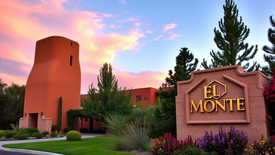 Sunset view of El Monte resort's adobe tower surrounded by lush gardens.