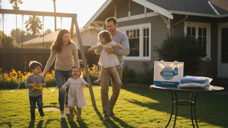 Sacramento family happily utilizing pick-up and delivery dry cleaning service.