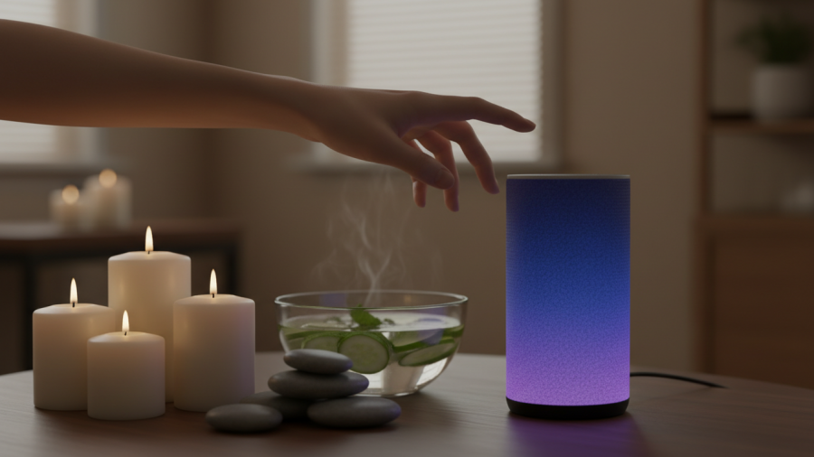 A hand reaches for a glowing smart speaker, symbolizing generative AI in wellness.