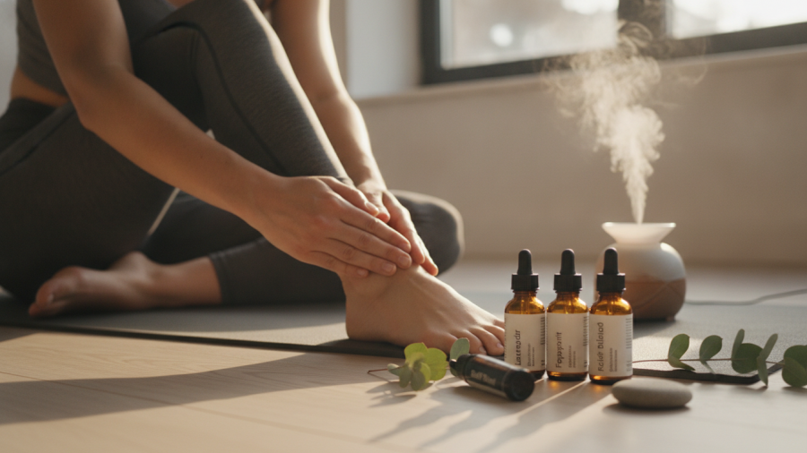 Essential oils for sore muscles and natural muscle recovery benefits.