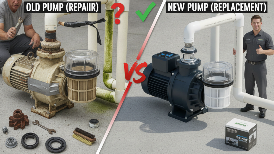 Comparison of old and new pool pumps: repair vs replacement insights.