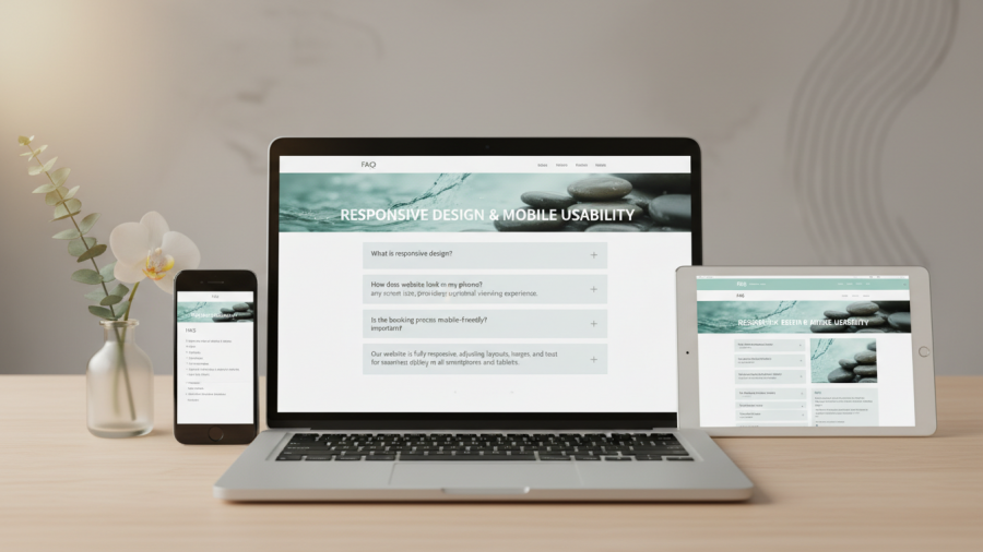 Modern spa website FAQ on laptop showing responsive design and mobile usability.