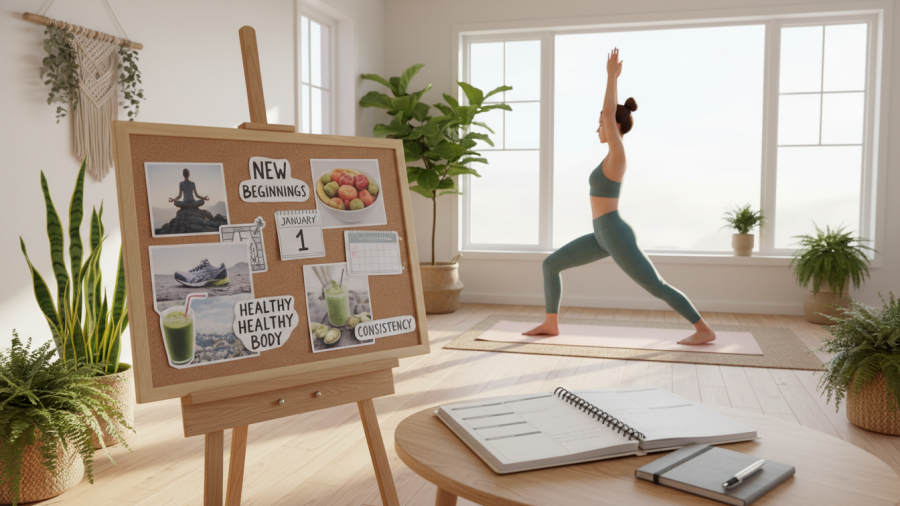 Bright living space with a vision board for Habit Stacking and New Year Resolutions.