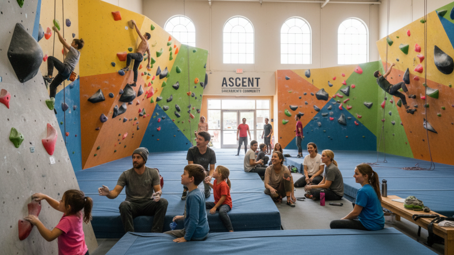 A vibrant Sacramento bouldering gym showcasing diverse climbers and welcoming climbing technique classes.