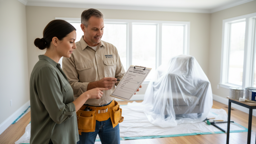 Contractor reviews professional paint quote checklist in a bright home interior.